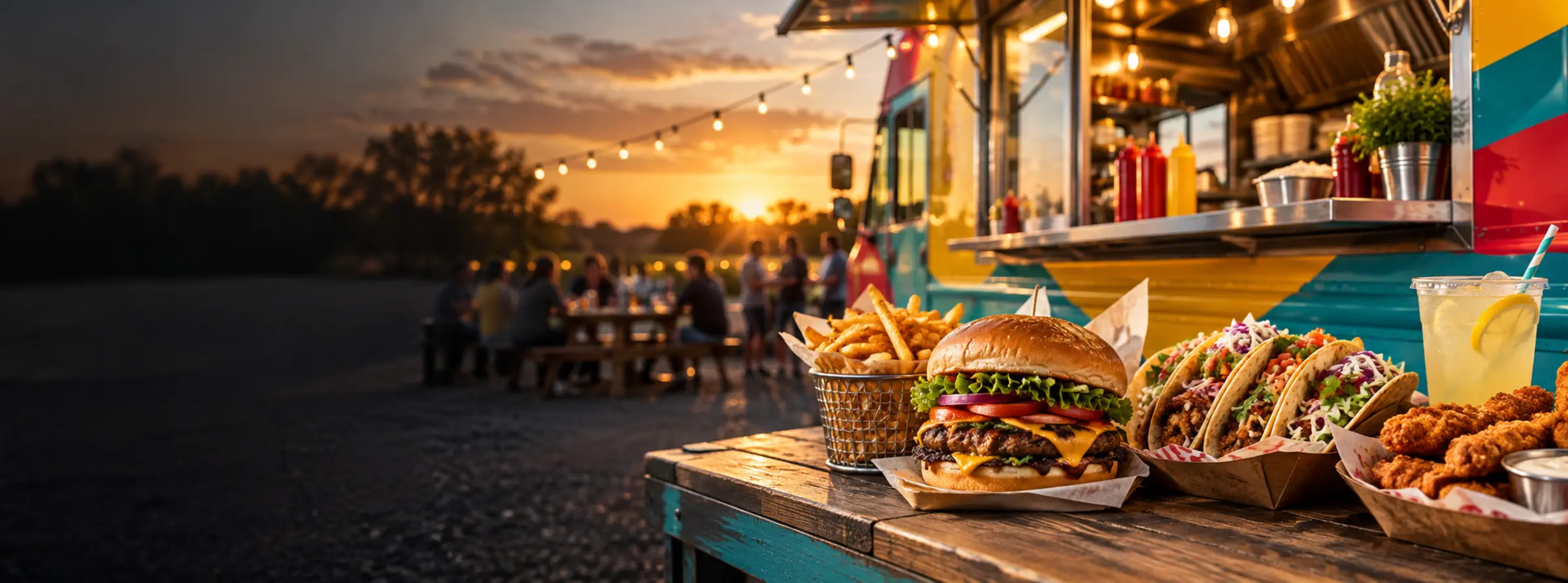 A colourful food truck with burgers, tacos, fries and chicken tenders